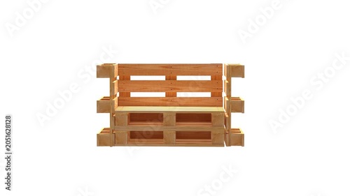 Wooden pallet boards are assembled into a wooden chair or sofa and rotate in the frame against a white background (3D animation).