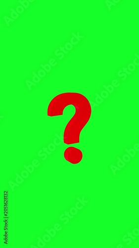 Red question mark rotating on a green chroma key background, 3D animation