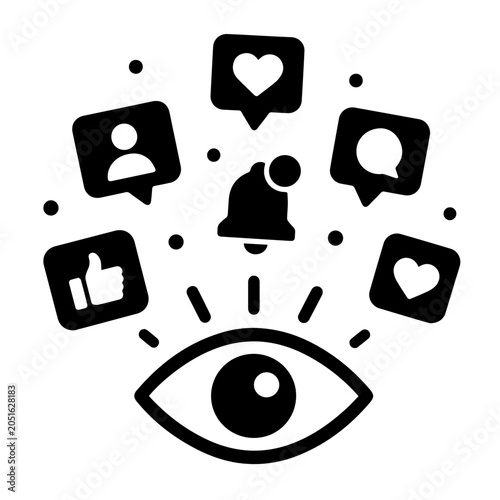 FOMO eye icon with social media notifications and engagement symbols