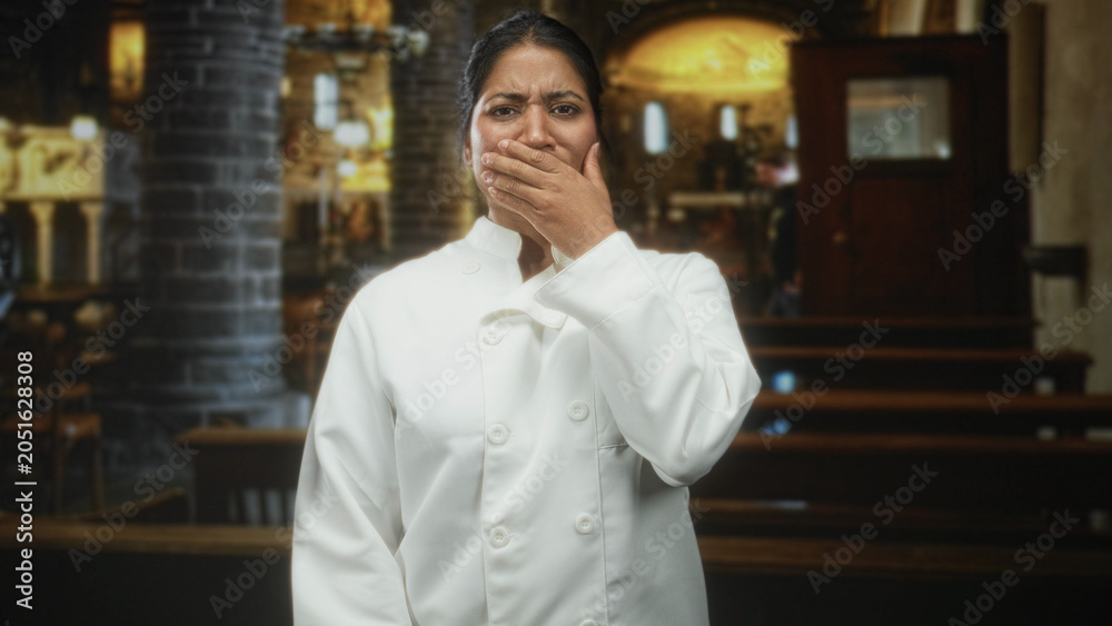 Obraz premium Young woman chef in white coat covers mouth with hand, eyes wide, standing among wooden pews in a church; shock kitchen emergency.