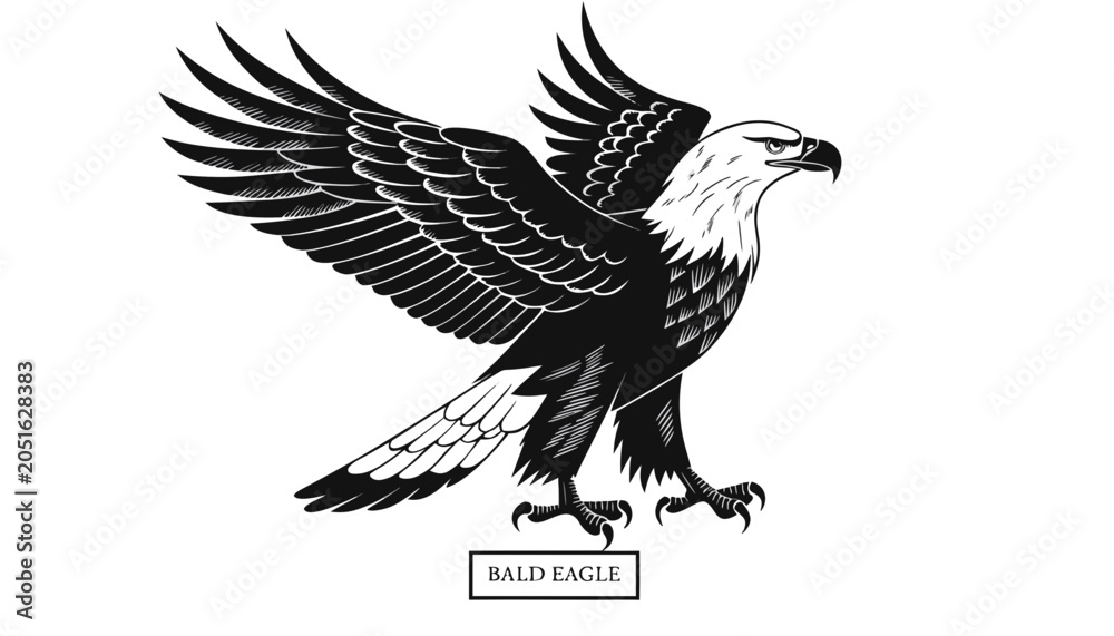 Fototapeta premium Very beautiful black-and-white engraved vector illustration featuring a Bald Eagle with majestic feather details and an engraved label reading 