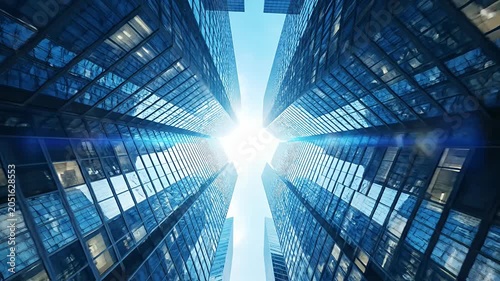 Glass office towers with bright sun flare from below.