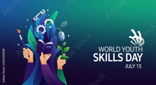 Hands developing skills with tech and plant icons