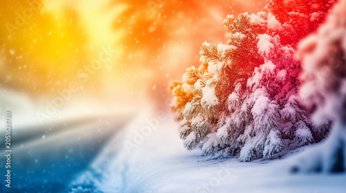 Winter road and snow-covered trees - colorful background, bokeh, magical atmosphere, gradient