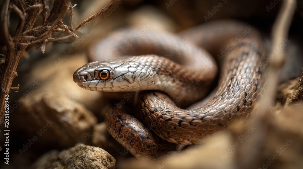 Obraz premium Smooth snake Coronella austriaca in its natural habitat, captured with sharp detail, showcasing natural coloration, scale texture, and subtle camouflage in the environment.