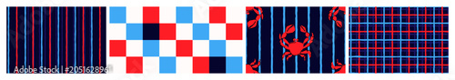 Set of summer blue and red seamless patterns of crabs, stripes and modern checkered motifs. Vector background illustration.