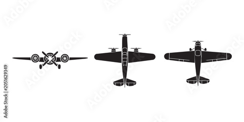 Fotografie Black icons of propeller aircraft in three different angles isolated on a transparent grid background
