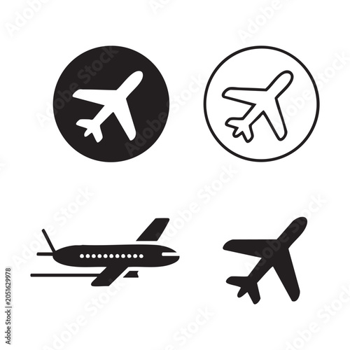 Group of icons featuring passenger jet aircraft and line symbols on a transparent grid background.