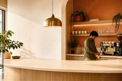 Man working as a barista cleaning coffee cup in modern cafe kitchen. Professional making beverage in coffee shop. Lifestyle scene featuring hospitality service and interior design concept.