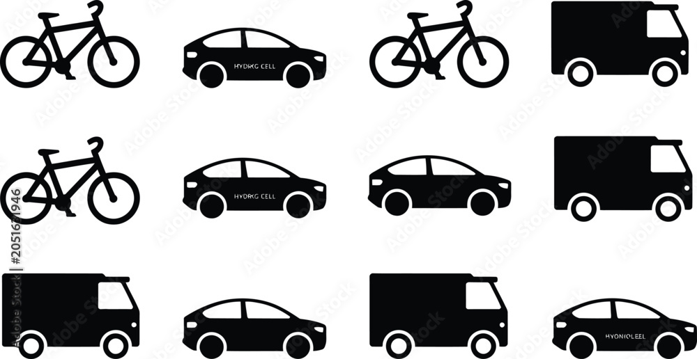 Naklejka premium Set of twelve solid black transport icons featuring bicycles cars and delivery trucks design