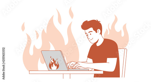 Man Working on Laptop with Flames, Hot Idea, Deadline, Burnout Concept