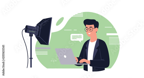 Man Working on Laptop with Studio Light, Online Content Creation and Digital Marketing Concept