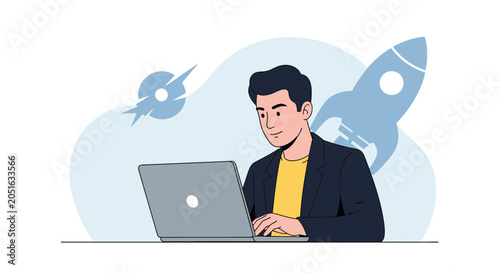 Man working on laptop with rocket and abstract shapes, representing startup, success, and innovation
