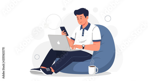 Modern Man Working on Laptop and Phone While Relaxing on Beanbag Chair with Coffee