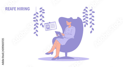 Modern Vector Illustration of Woman in Chair with Tablet, Considering Career Opportunity