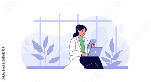 Modern Woman in Lab Coat Working on Laptop and Tablet Amidst Nature-Inspired Background
