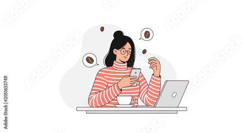 Modern Woman Working Remotely with Laptop and Phone, Enjoying Coffee Break with Coffee Beans