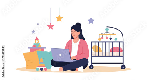 Mother working from home with baby nearby, balancing career and family life with laptop and crib illustration.