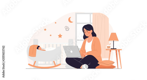 Mother Working Remotely on Laptop Beside Sleeping Baby in Crib, Home Office, Work-Life Balance