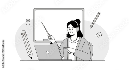 Online Teacher with Laptop, Whiteboard and School Supplies, Digital Education Concept