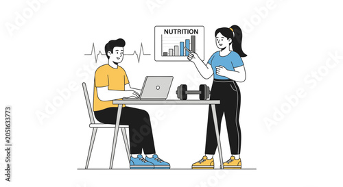 Personal Trainer Explains Nutrition Plan to Client Using Laptop and Charts - Flat Design