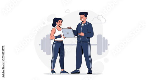 Personal Trainer Instructing Woman with Laptop at Gym, Fitness Concept