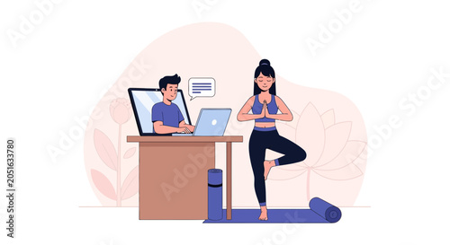 Online Yoga Class: Woman Practicing Tree Pose Guided by Instructor on Laptop
