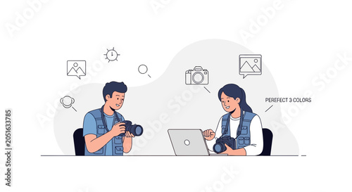 Photographers working on a project, reviewing camera gear and editing on a laptop, representing digital photography and creative workflow.
