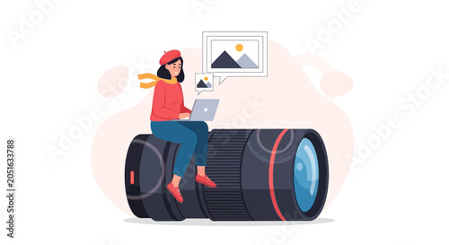 Photographer Sitting on Camera Lens Working on Laptop with Image Ideas