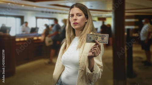 Obraz na płótnie Woman holds banknote between fingers at bank teller counter, presenting a us fifty dollar bill; service tension