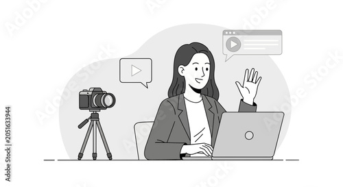 Woman Waving Hello on Video Call with Laptop and Camera, Online Communication and Content Creation Concept