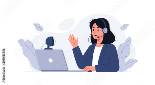 Woman with Headset and Laptop Waving Hello, Video Call Communication, Online Meeting, Remote Work, Customer Support