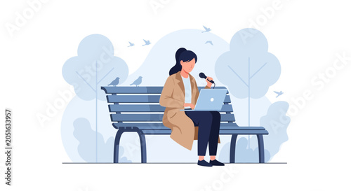 Woman with Laptop and Microphone on Park Bench, Birds Flying