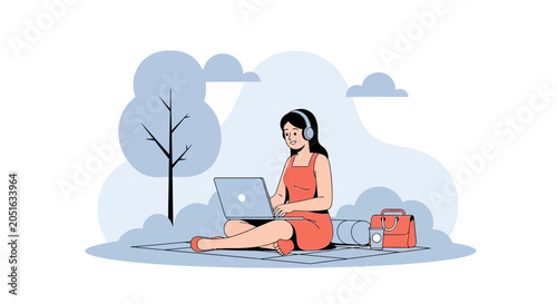 Woman with Headphones Working on Laptop Outdoors, Remote Work and Digital Nomad Concept