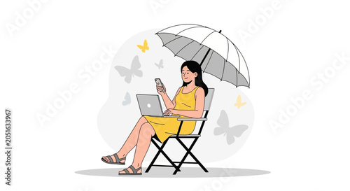 Woman with Laptop and Phone Under Umbrella, Butterflies Flying Around - Relaxed Remote Work Concept