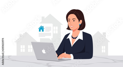 Professional Woman Working on Laptop with Houses and Real Estate Message Bubble