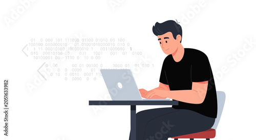 Programmer typing code on a laptop with binary data flowing around him