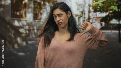 Foto Woman points finger and shows thumbs down on street in front of a building while frowning and tilting head; disapproval