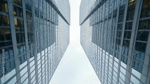 Low angle view of symmetrical glass office skyscrapers.
