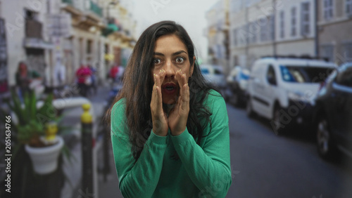 Photos Woman cupping hands to mouth calling out on a city street with parked cars and planters; urgent plea