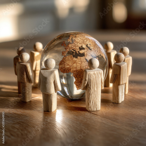 Wooden figures around a glass globe on a table.