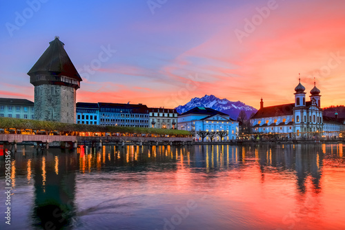 Photos Splended sunset over the Luzern Kappelbrucke bridge and Jesuten church with Pila