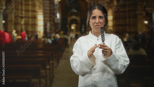Bild auf Leinwand Woman chef in white coat holds metal spatula, clutches handle and raises hand palm out to stop while standing amid pews inside a building; defiance tension