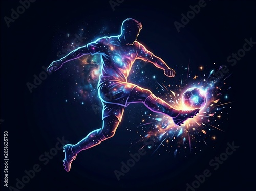 Dynamic futuristic soccer player kicking glowing ball with cosmic energy and sparkles in space-themed background