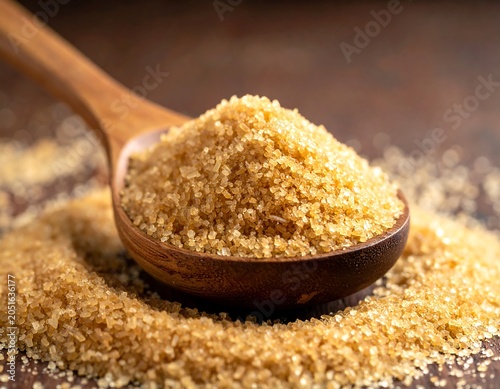 Close-up of a wooden spoon overflowing with granular, light brown crystals, spilling onto a surface. Focus is sharp