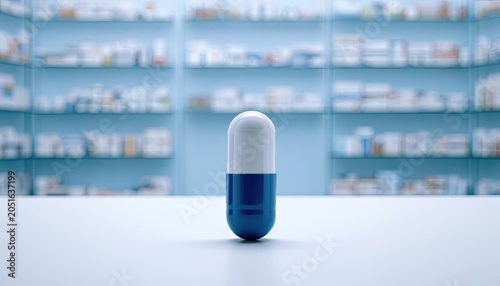 Single blue and white capsule centered on a counter in front of blurred shelves
