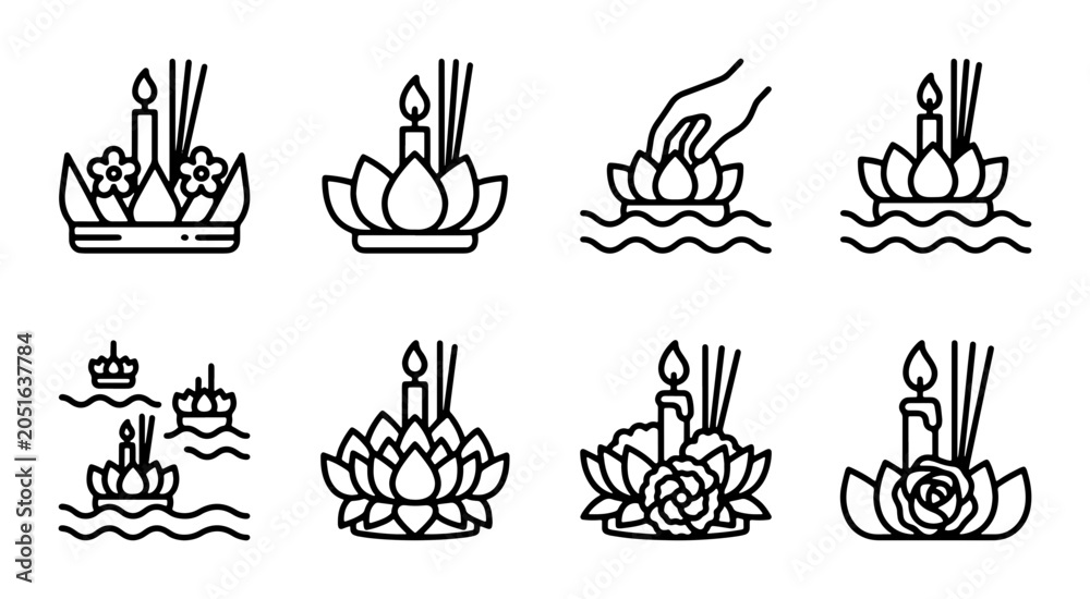 Fototapeta premium Loy Krathong Festival Icons, Thai Culture Celebration, Candle Incense Flower Boat Vector Set
