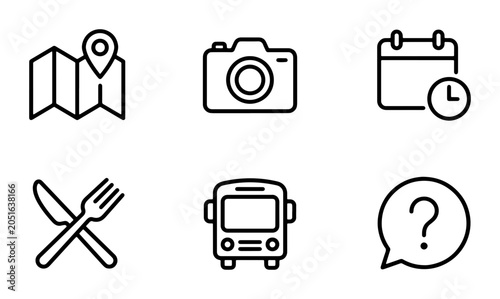Travel Icons Set: Map, Camera, Calendar, Food, Bus, Question Mark, Vector Graphics