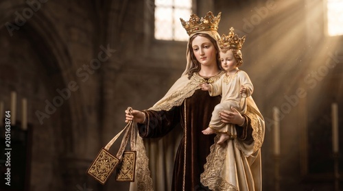  Beautiful porcelain statue of Our Lady of Mount Carmel (Virgen del Carmen / Nossa Senhora do Carmo) holding baby Jesus and the brown scapular. Catholic religion concept, patroness of sailors, July 16