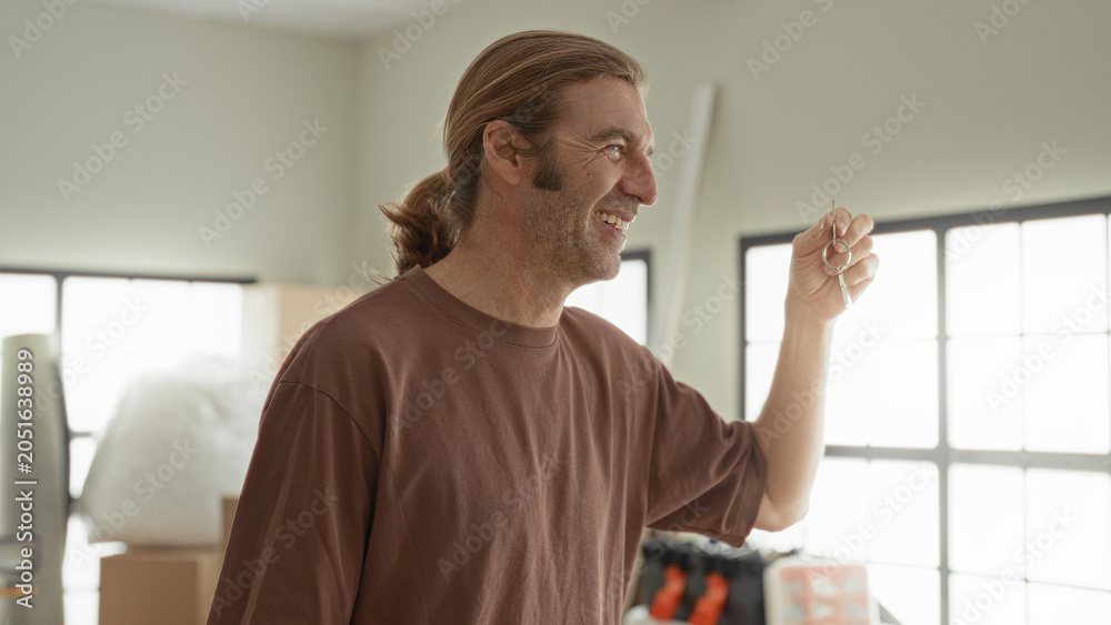 Fototapeta premium Man holding keys in raised hand and smiling in a bright studio loft, blond ponytail and brown shirt; joy new home.